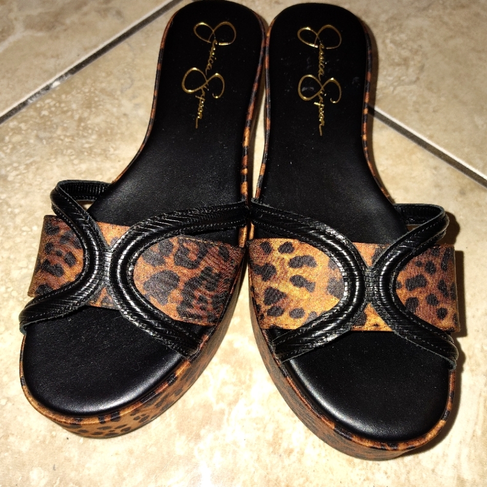 Jessica Simpson Brown and Black Sandals with Metallic Embellishments
